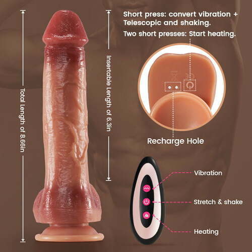 9 Vibração 3 Empurrão e Balanço Aquecimento Inteligente Vibrador Realista Dildo 6,3 Polegadas